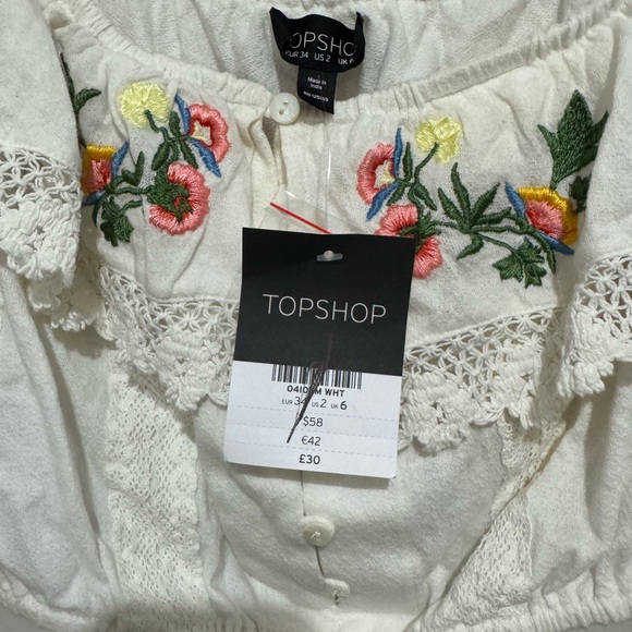 Topshop White Embroidered Puff Sleeve Crop Blouse NWT Size 2 - Picture 4 of 5